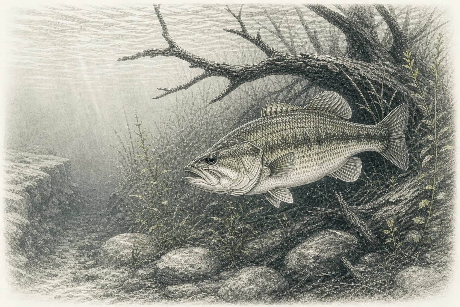 Ilustración naturalista de un black bass entre madera, vegetación y roca sumergidas
