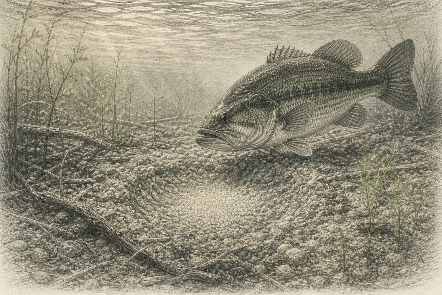 Ilustración naturalista de un black bass macho vigilando un nido sobre grava