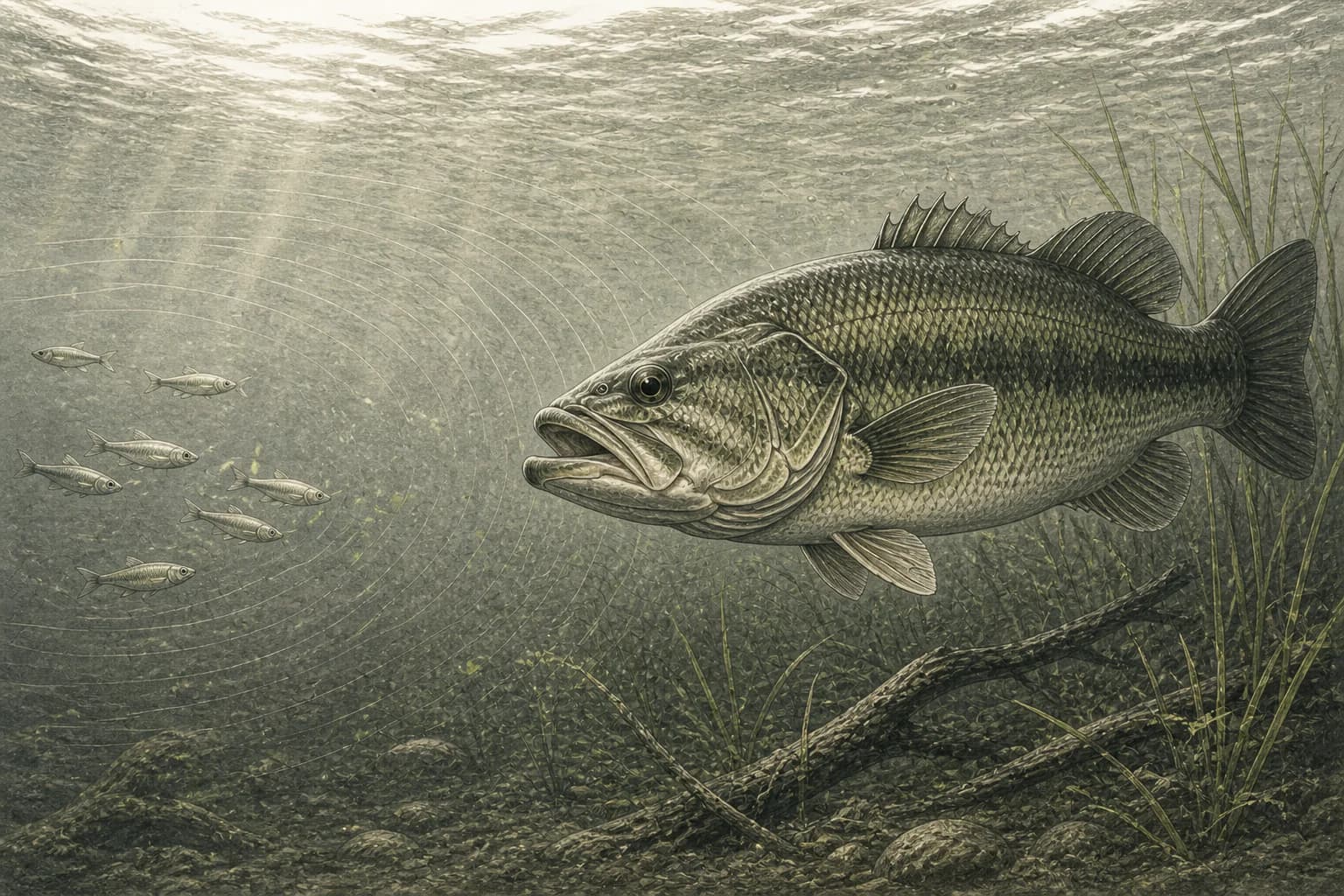 Ilustración naturalista de un black bass aproximándose a pequeños peces presa