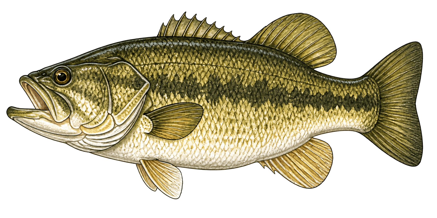 Ilustración naturalista de un black bass adulto visto de perfil