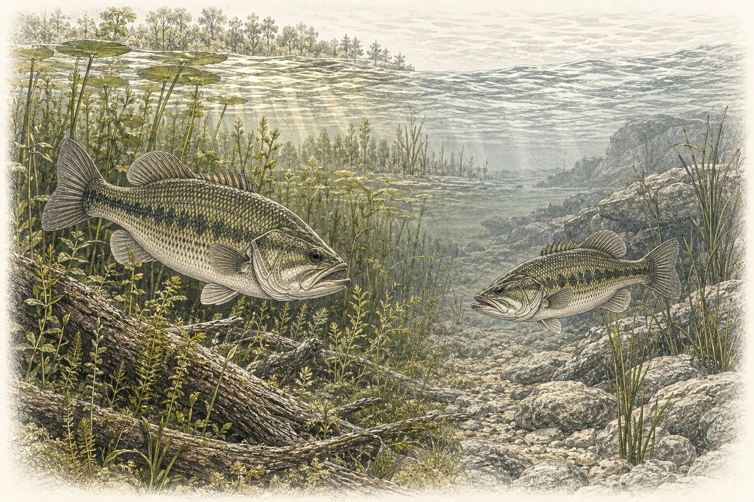 Dos escenas de agua dulce con black bass entre vegetación densa y en un embalse rocoso