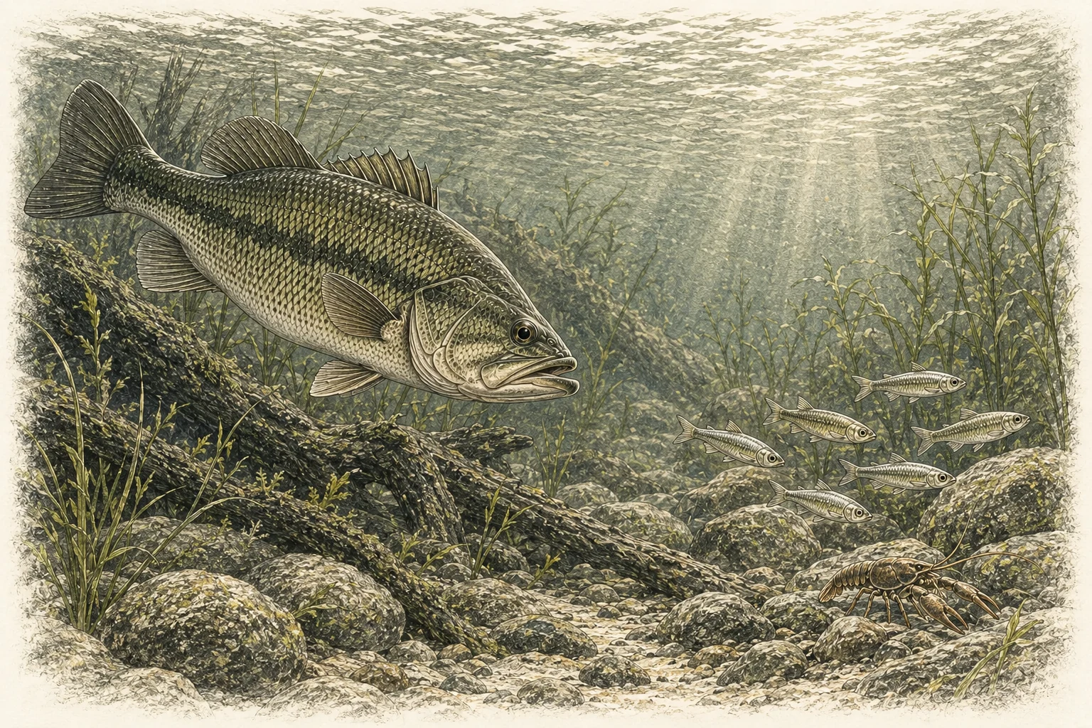 Black bass junto a un grupo de peces pequeños y un cangrejo en un fondo rocoso