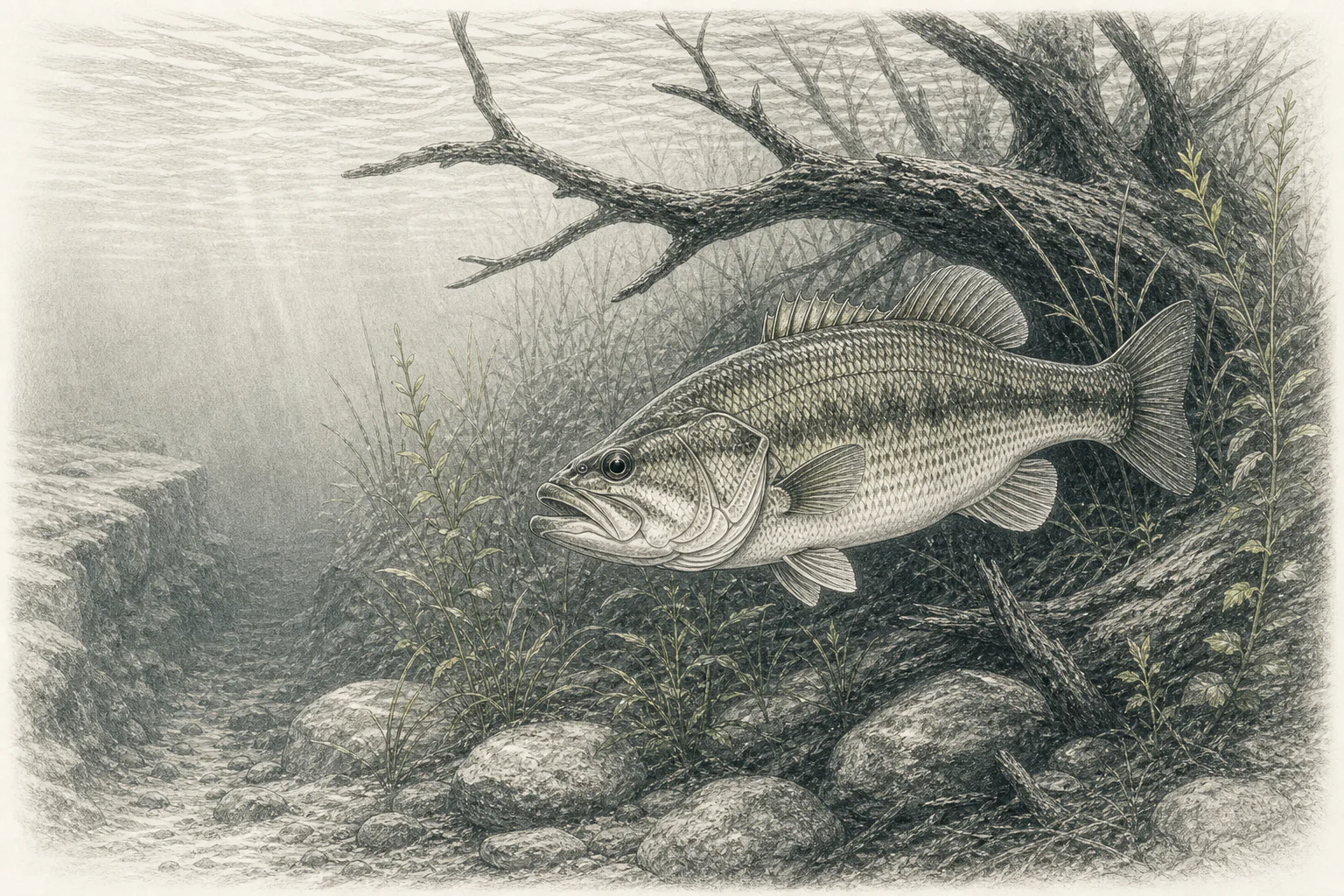 Ilustración naturalista de un black bass entre madera, vegetación y roca sumergidas