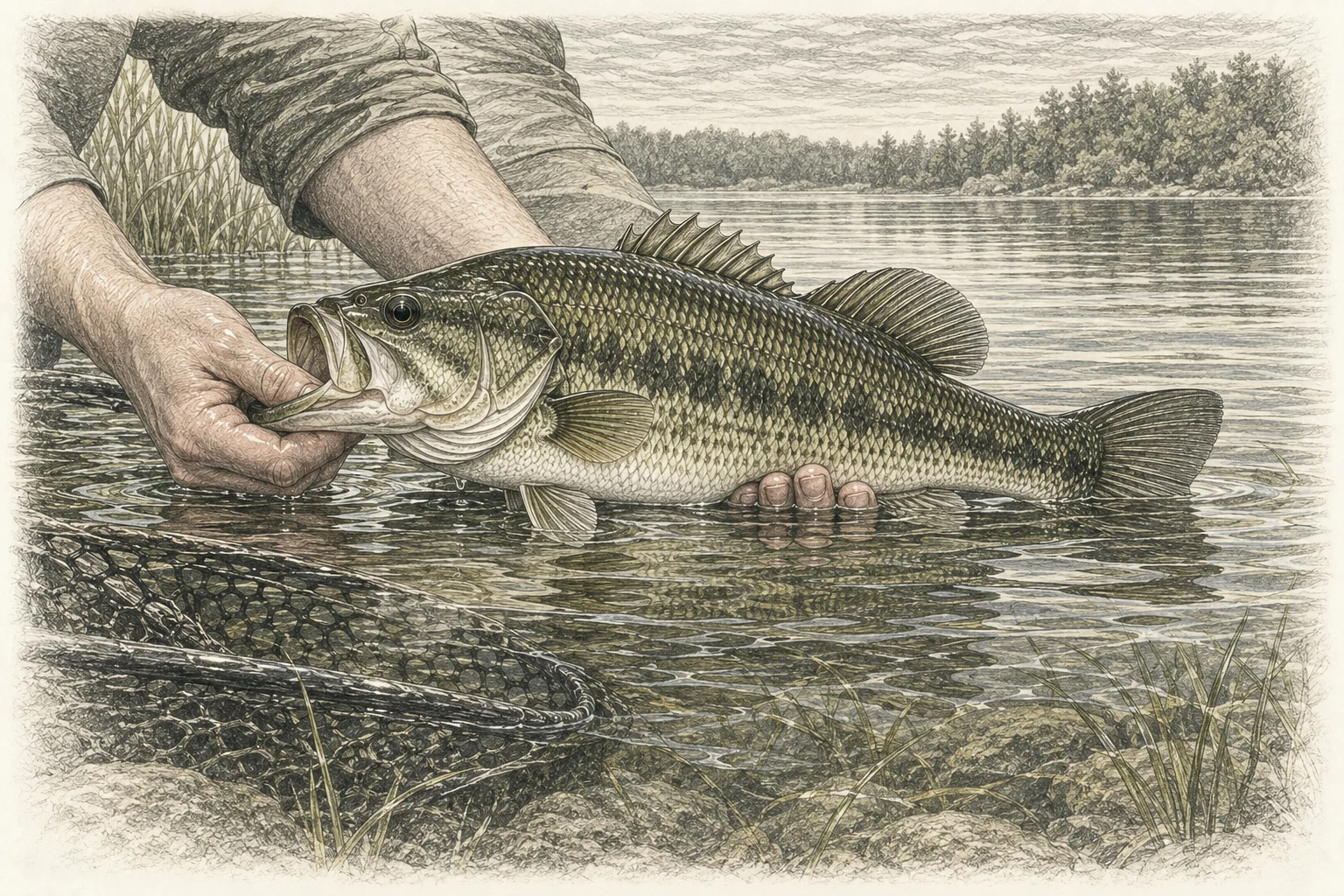Black bass sostenido horizontalmente con ambas manos junto al agua y una sacadera de malla de goma