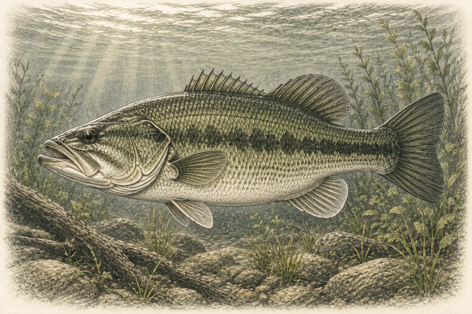 Black bass adulto de perfil con boca grande, banda lateral oscura y aleta dorsal dividida en dos zonas