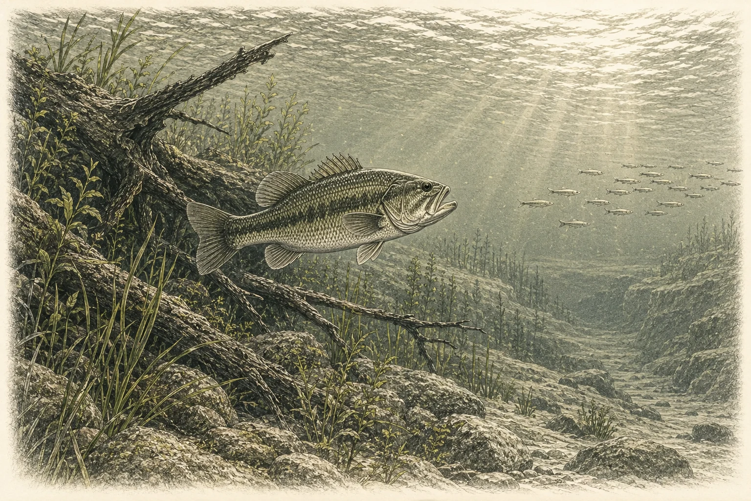 Black bass alejándose de una madera sumergida hacia un canal abierto con peces presa al fondo