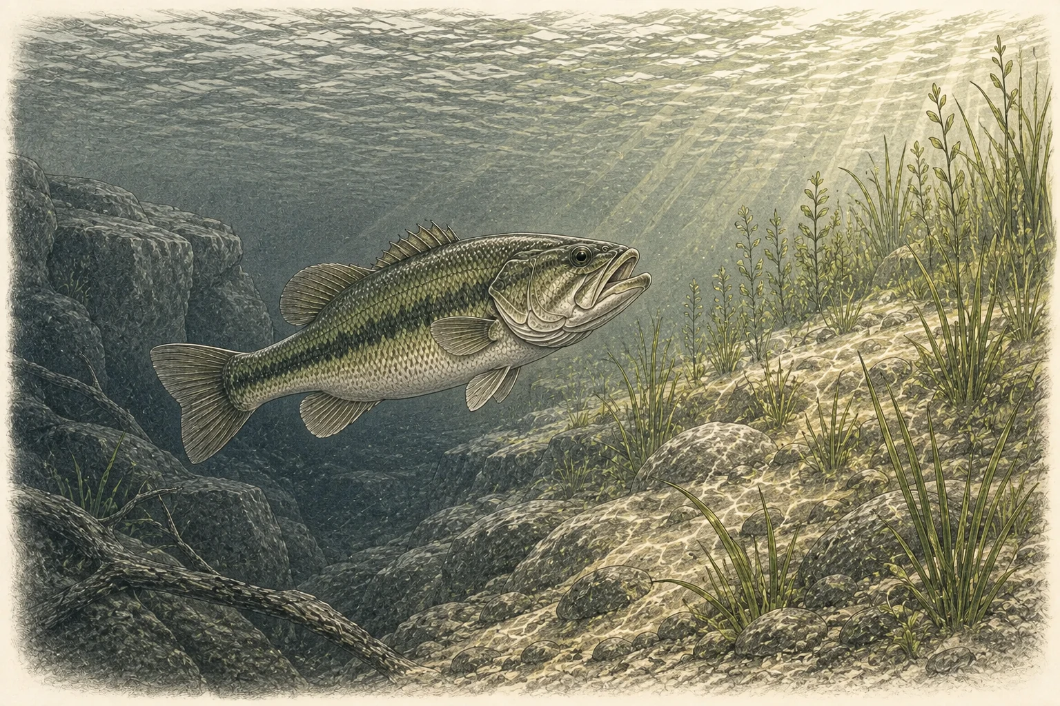 Black bass ascendiendo desde una zona profunda y sombreada hacia un talud somero con vegetación