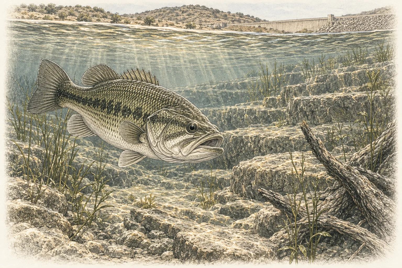 Black bass en un embalse mediterráneo con orilla seca y presa al fondo