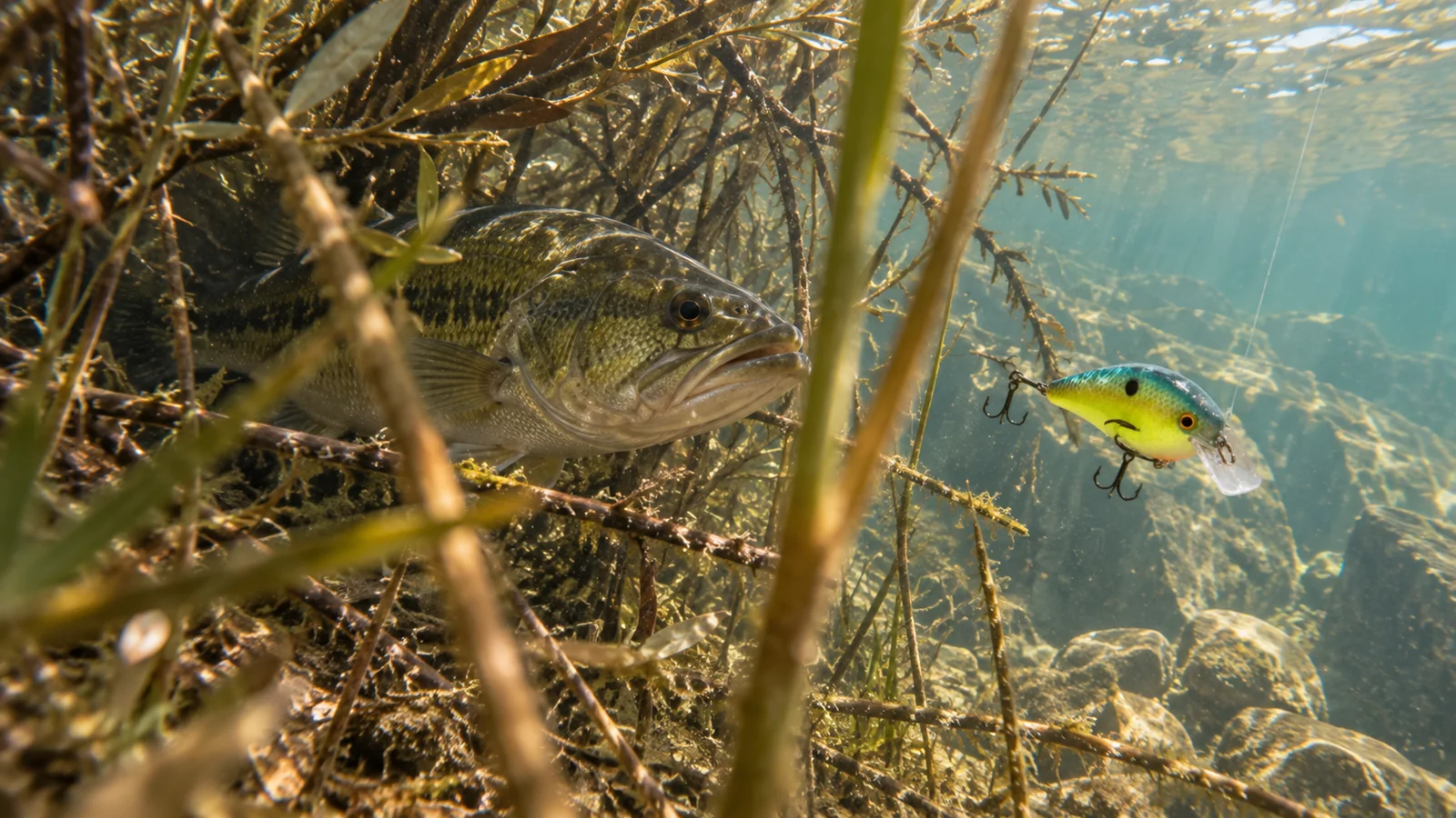 Crankbait verde y amarillo entre ramas sumergidas, con un black bass acechando