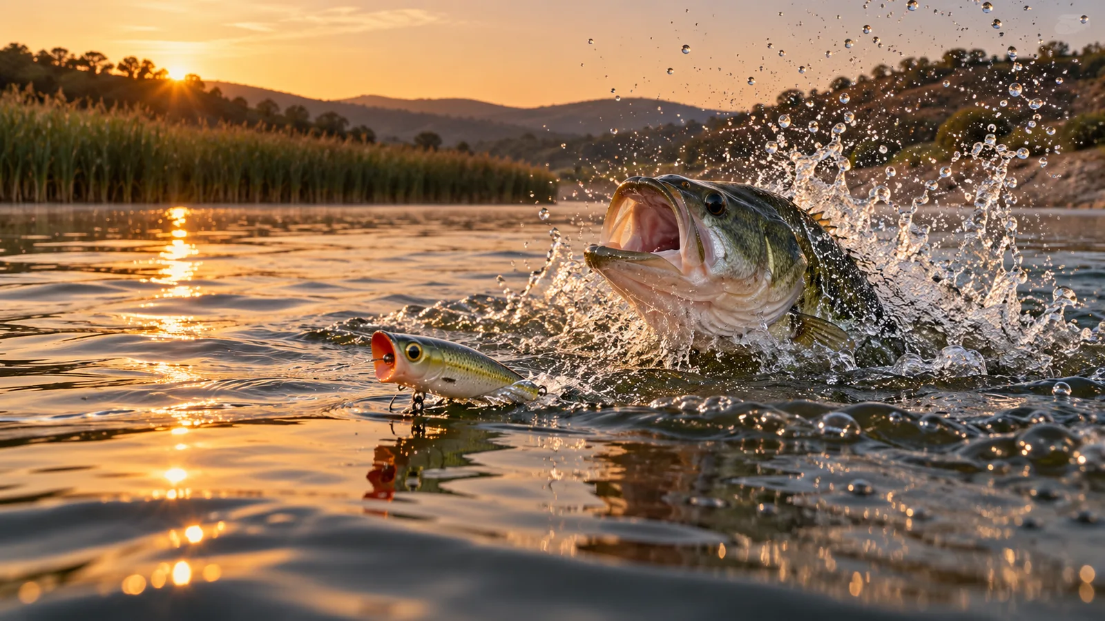 Black bass atacando cerca de un señuelo de superficie sin quedar clavado