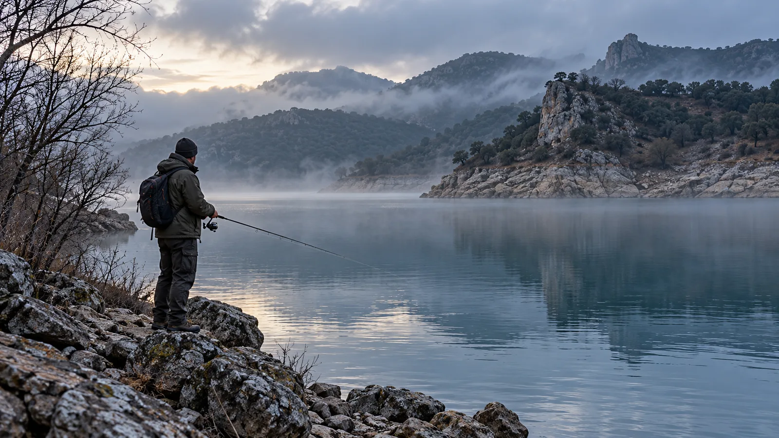 Pescador abrigado en la orilla de un embalse frío y neblinoso