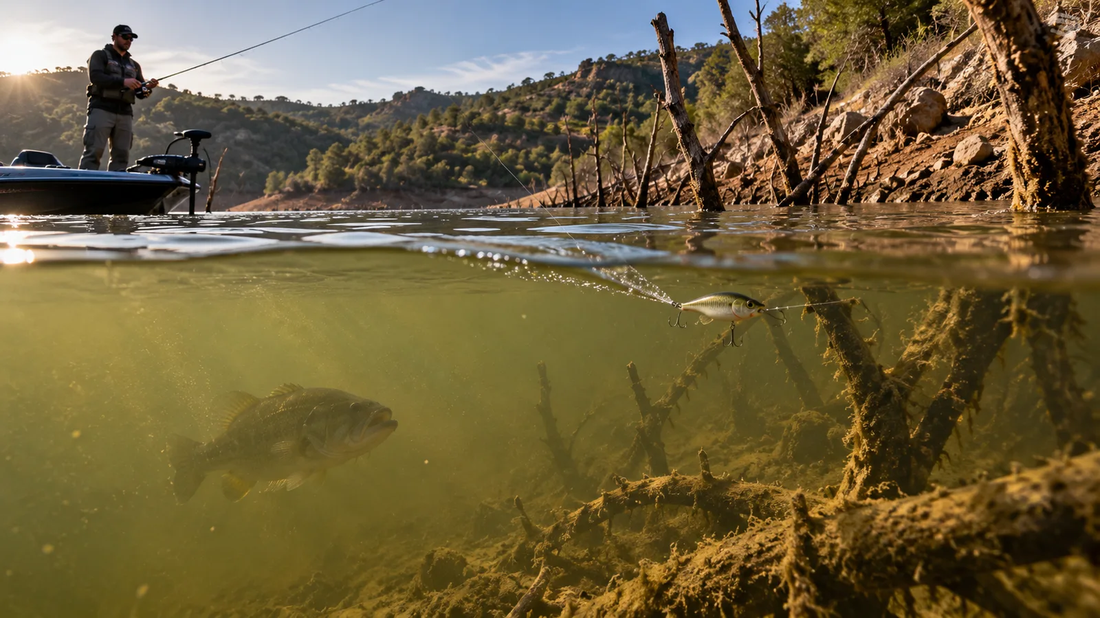 Agua tomada junto a madera sumergida en un embalse
