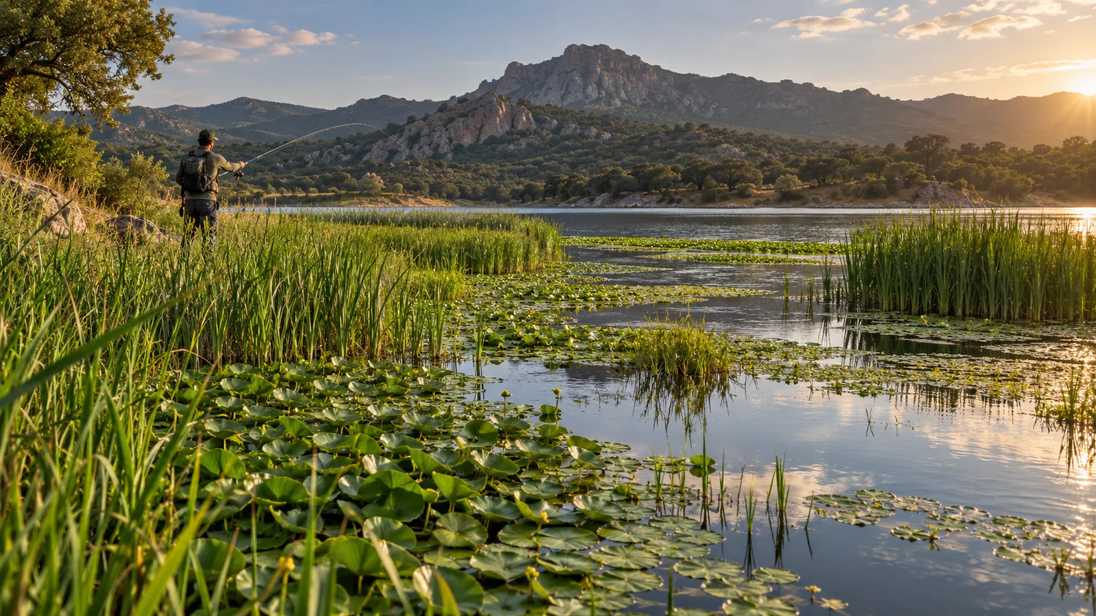 Pasillos entre nenúfares y carrizos en un embalse