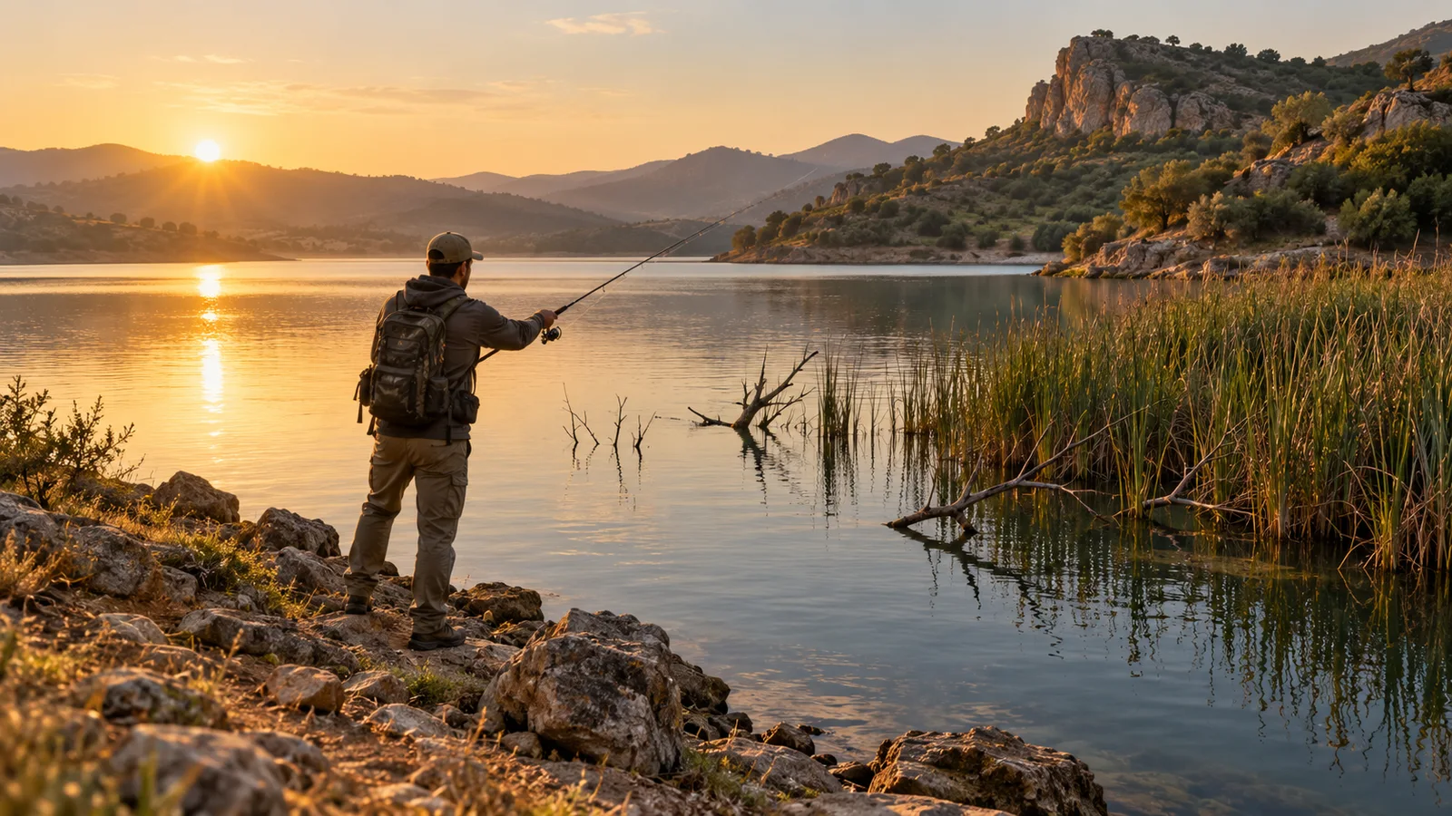 Pescador lanzando desde la orilla rocosa de un embalse al amanecer