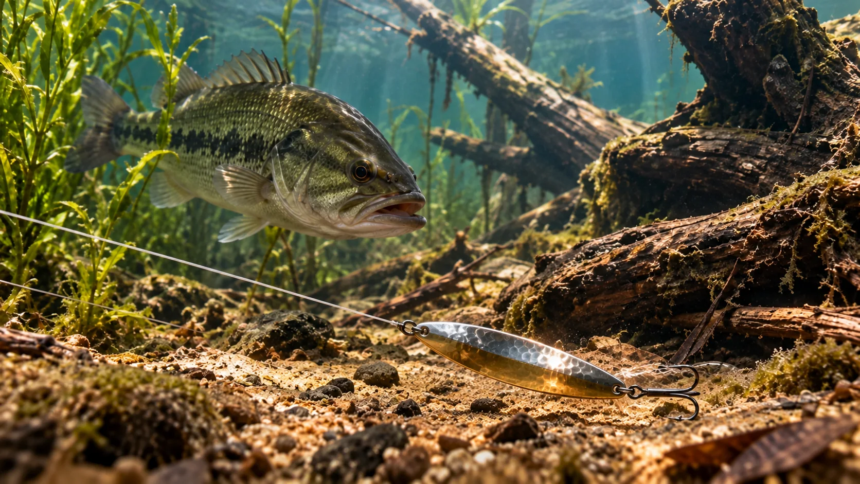Cucharilla ondulante moviéndose bajo el agua ante un black bass
