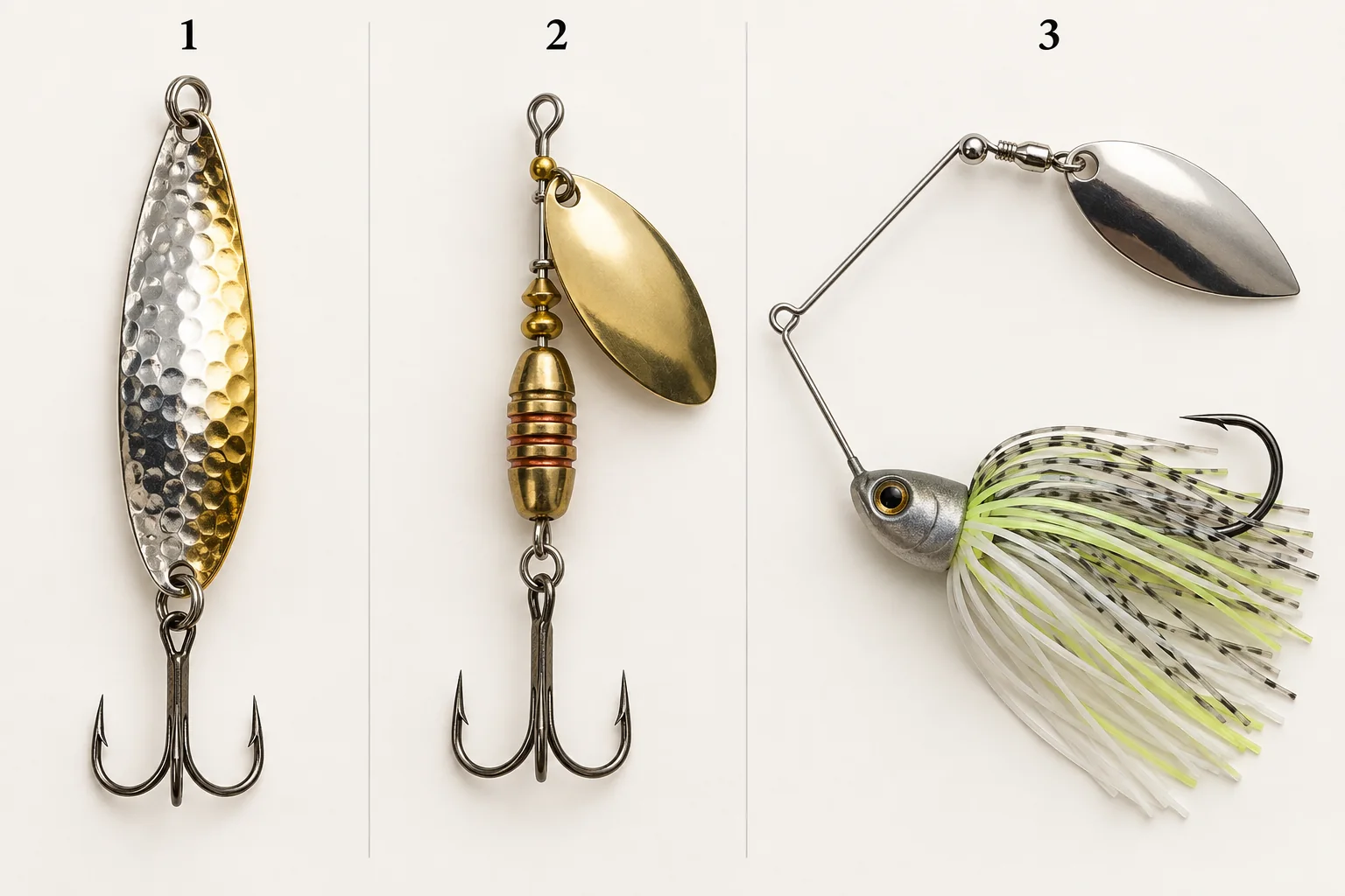 Comparación fotográfica de cucharilla giratoria, ondulante y spinnerbait