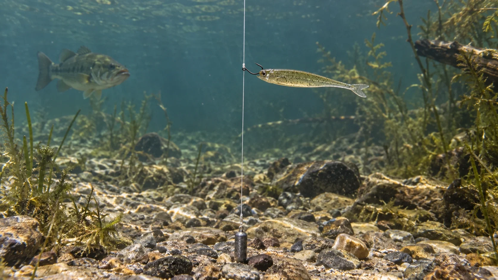 Montaje drop shot bajo el agua con black bass, vinilo unido al anzuelo, línea y plomo terminal