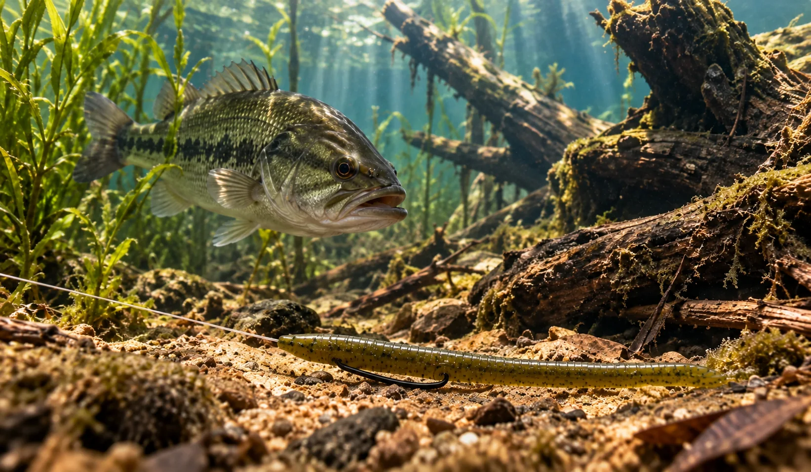 Vinilo recto con anzuelo offset ante un black bass en un fondo con vegetación
