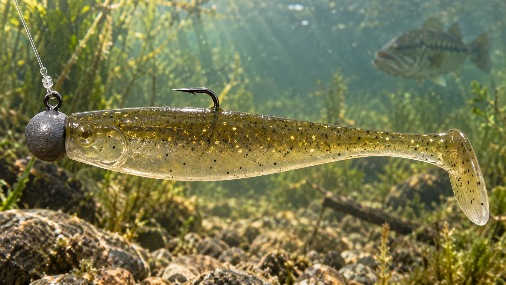 Primer plano de un shad recto con cabeza plomada al ras y anzuelo saliendo por el lomo