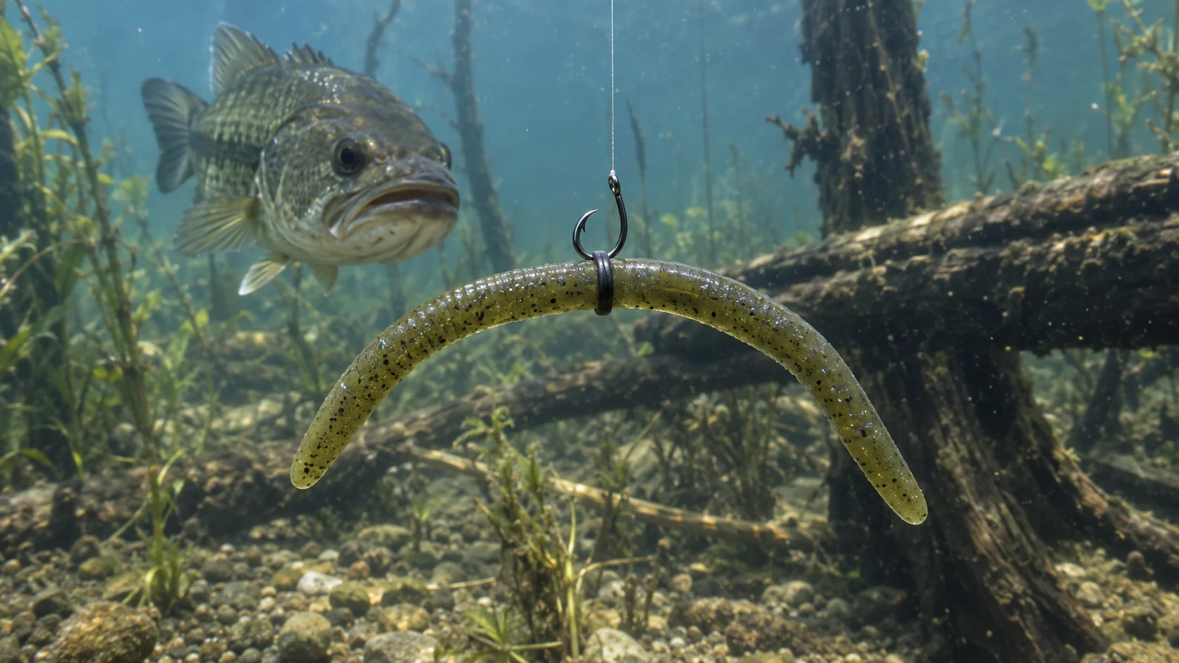 Gusano montado wacky bajo el agua delante de un black bass